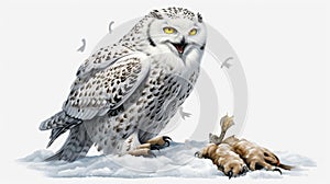Realistic Snowy Owl Eating Mice on White Background Wildlife Clipart High-Quality Stock Illustration photo