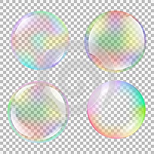 Realistic soap bubble set with rainbow reflection