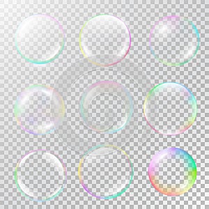 Realistic soap bubble set with rainbow reflection