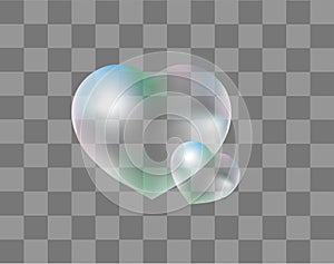 Realistic soap bubbles Heart-shaped realistic, 3d style. Isolated on a transparent background. Drops of water in a heart