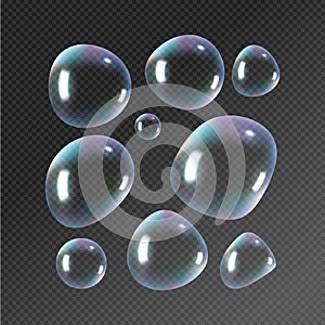 Realistic soap bubbles. Rainbow reflection bubbles isolated vector on transparent illustration