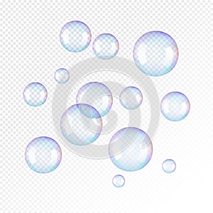 Realistic soap bubbles. Rainbow reflection bubbles isolated vector on transparent illustration