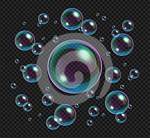 Realistic soap bubbles with rainbow reflection isolated on transparent background.