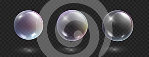 Realistic soap bubbles with rainbow reflection. Rainbow colorful iridescent glass balls or spheres isolated on dark