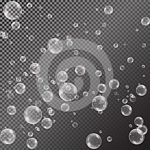 Realistic soap bubbles with rainbow reflection set isolated on the black transparent background. vector Illustration