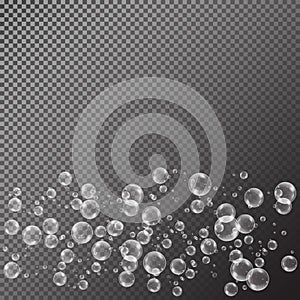 Realistic soap bubbles with rainbow reflection set isolated on the black transparent background. vector Illustration