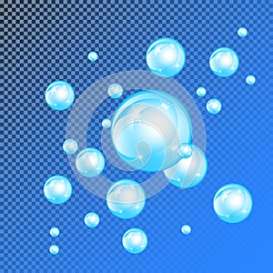 Realistic soap bubbles with rainbow reflection set isolated on the blue transparent background. vector Illustration