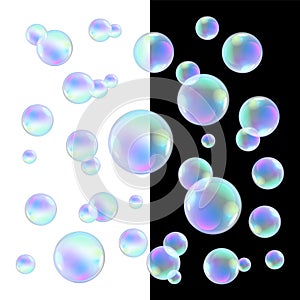 Realistic soap bubbles with rainbow reflection set vector illustration