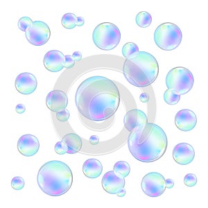 Realistic soap bubbles with rainbow reflection set vector illustration