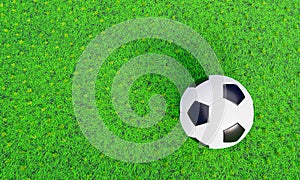Realistic soccer ball or football ball basic pattern  on  green grass field. 3d Style and rendering concept for game. Use for