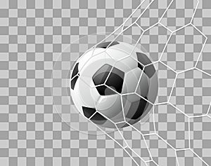 Realistic Soccer ball hitting the net, isolated on transparent background