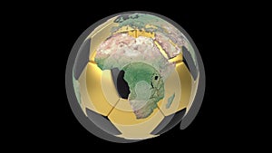 Realistic soccer ball isolated on black screen. 3d looping animation. Detailed world map on black and gold soccer ball.