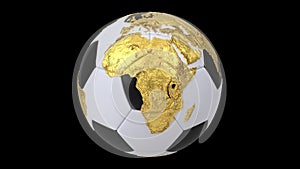 Realistic soccer ball isolated on black screen. 3d seamless looping animation. Gold world map on black and white soccer ball.