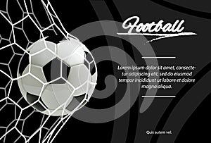 Realistic soccer ball in net on black background. Classic football ball.