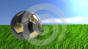 Realistic soccer gold black ball spinning in center on meadow soccer field sky. Footage of a rotating football ball isolated for