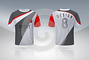 Realistic soccer shirt. Jersey sport uniform mock up, 3D football team t-shirt design template. Vector round neck photo