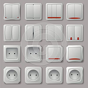 Realistic socket and electric switch icon set. Home buttons plastic light toggle. Interior wall outlets or electric