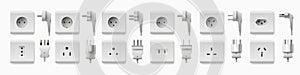 Realistic socket and plug. Electricity chargers and adapters. 3D plastic interior elements. Different types. Home