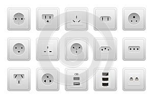 Realistic socket types. AC power wall socket mock up, USB hand drawnMI RG45 electric ports, European and American