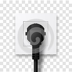 Realistic plug inserted in electrical outlet isolated. Socket with plug, vector illustration.
