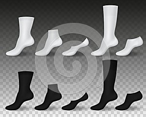 Realistic socks. Black white blank wear templates, classic fabric accessories, different lengths, long and short, cotton photo