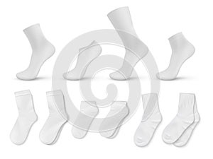 Realistic socks. White empty isolated foot wear mockup for brand identity or product design template. Vector blank photo