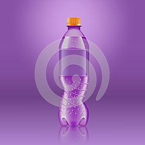 Realistic soda lemonade bottle mock up with purple label isolated on purple background reflected off the floor, vector
