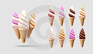 Realistic soft ice cream in waffle cone set. Soft serve ice cream, 3d vector american sundae swirl in three flavors