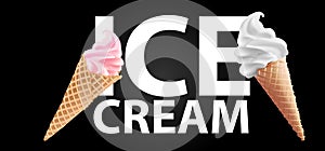 Realistic soft ice cream waffle cone. Soft serve ice cream, 3d vector american sundae swirl in wafer cone or machine