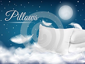 Realistic soft pillow sweet dream poster. White pillows and flying feathers in night sky with clouds. Pithy vector bed