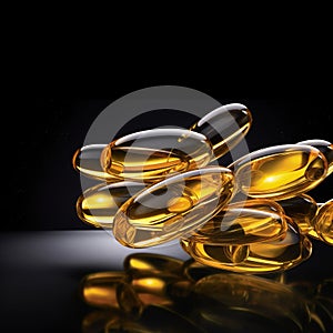 Realistic softgels with fish oil in capsules, omega 3 or vitamin E, A. Dietary supplement.