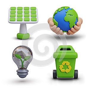 Realistic solar panel, Earth in human hands, light bulb with plant inside, trash can