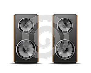 Realistic sound speaker in black. Music loudspeaker, sub woofer acoustic stereo musical equipment