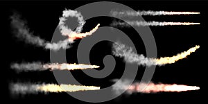 Realistic space rocket launch trails on black background. Fire burst, explosion. Missile or bullet trail. Jet aircraft