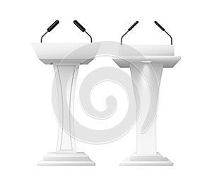 Realistic speech tribunes with microphones. Debate podiums, 3d public presentation mockups