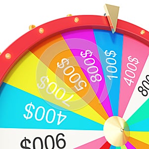 Realistic spinning fortune wheel, lucky roulette. Colorful wheel of luck or fortune. Wheel fortune isolated on white, 3d