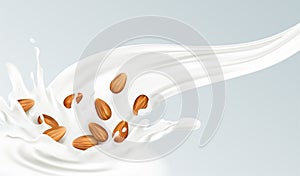 Realistic splash of almond milk on a gray background. Healthy eating concept. Vector illustration