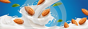 Realistic splash of almond milk with nuts