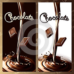 Realistic splash flowing chocolate or cocoa with chocolate piece