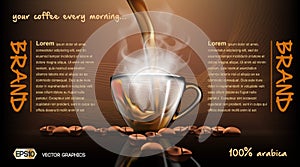 Realistic splash flowing coffee Mockup template for branding, advertise and product designs. Fresh steaming hot drink in