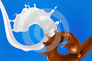 realistic splashes of milk and chocolate 3D.Abstract realistic milk drop with splashes isolated on blue background
