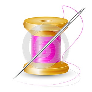 Realistic spool of thread with a needle on an isolated white background