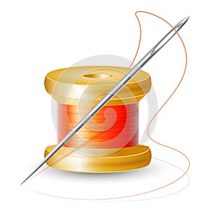 Realistic spool of thread with a needle on an isolated white background