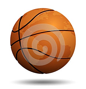 Realistic sport ball for basketball with continents of planet on white background. Team sports. Isolated vector