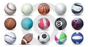 Realistic sport balls. 3D equipment for football, soccer and tennis. Vector set of balls for sport activities and games