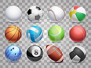 Realistic sports balls vector big set isolated on transparent background