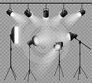 Realistic spotlight. Illuminated photo studio and stage light, floodlights and softbox set for vivid show, concert light