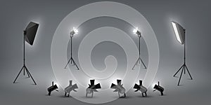 Realistic spotlight. Studio light effects, floodlights and softbox, photo studio and stage light. Vector set of concert photo