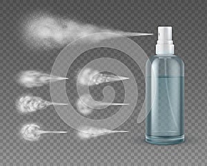 Realistic spray bottle with jet. Cosmetic plastic water aerosol spraying mist clouds. Deodorant or skincare product package 3d