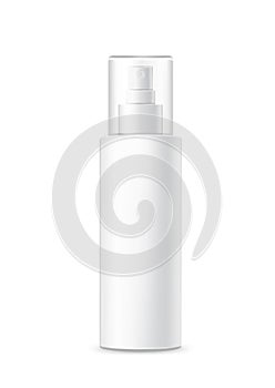 Realistic spray packaging, white plastic bottle, for advertising and design.Template for cosmetics. Vector Mockup